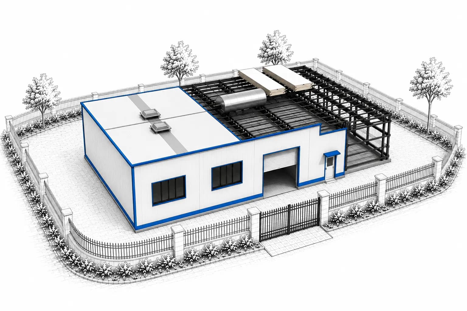 Industrial building constructed with insulated sandwich panels