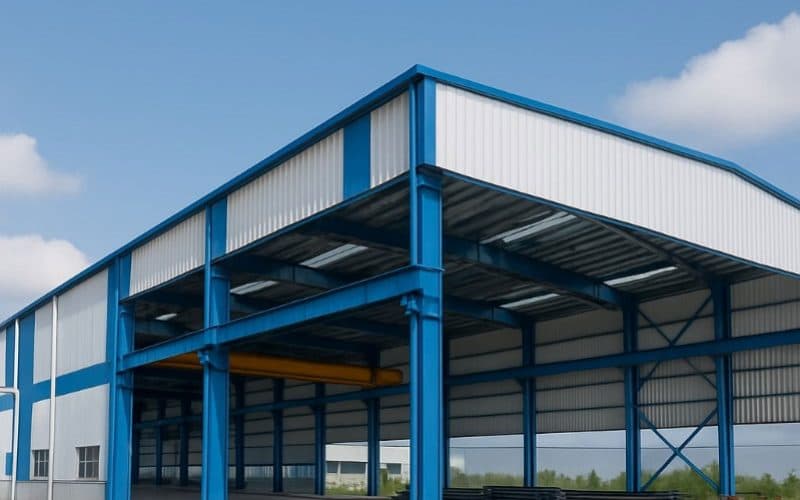 Prefabricated industrial building with insulated roof and wall panels