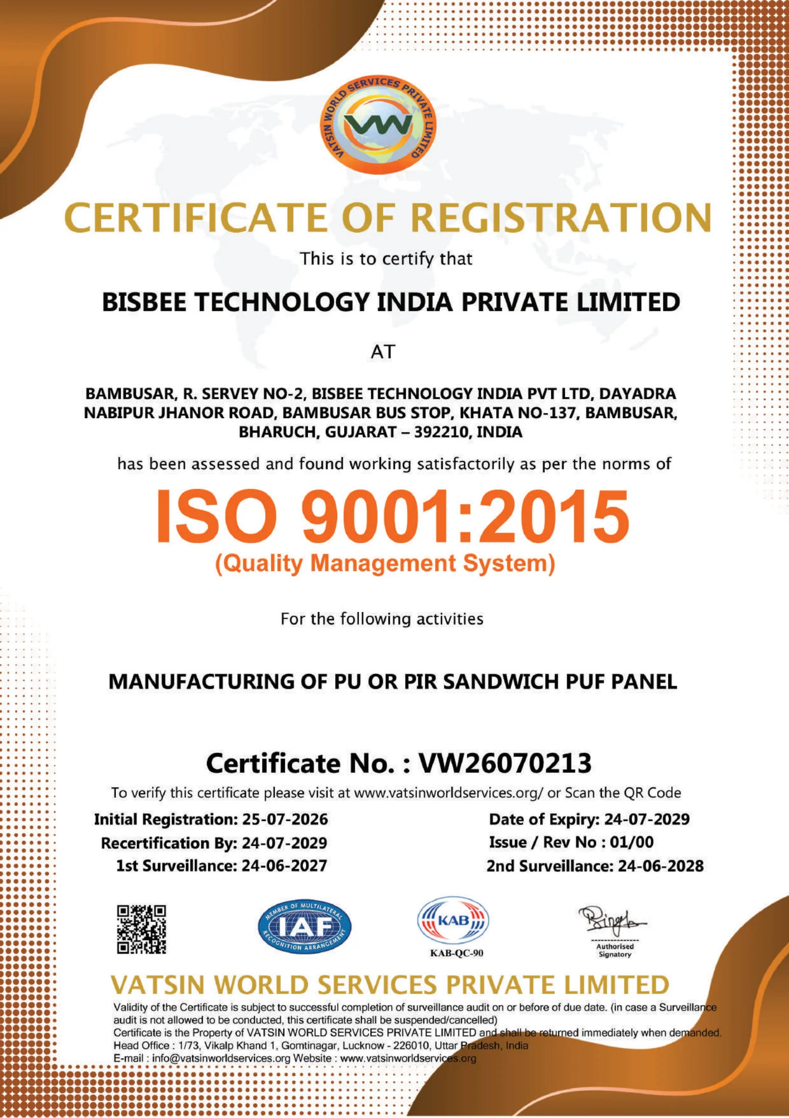ISO 9001:2015 Certificate of Registration for BISBEE TECHNOLOGY INDIA PRIVATE LIMITED