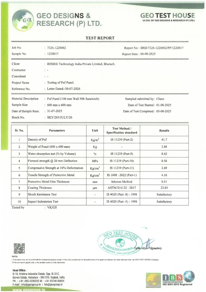 PUF Panel 100mm Wall PIR Sandwich Panel Certificate