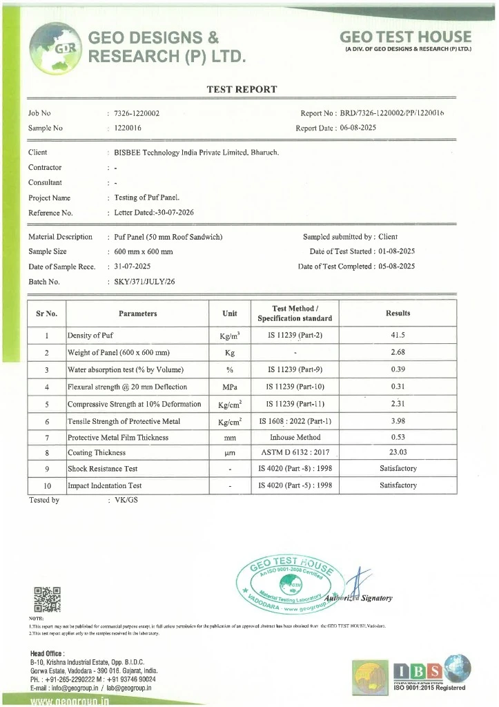 PUF Panel 50mm Roof Sandwich Panel Certificate